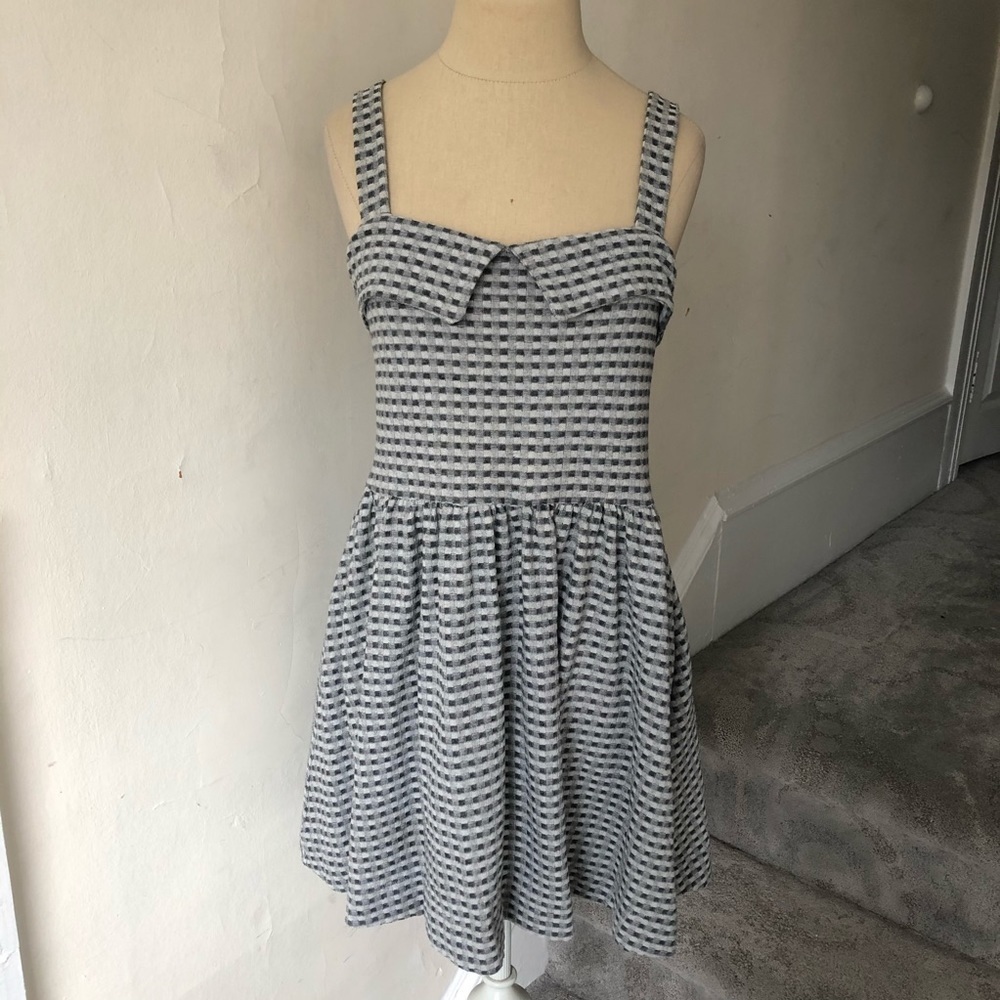 Free People Gray Knit Retro Style Beach Check Gingham Mini Dress EUC Size XS